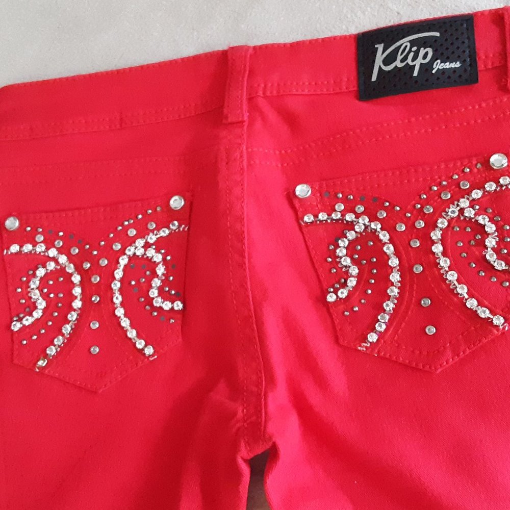 Klip Rhinestone Red Denim Jeans Sz 7